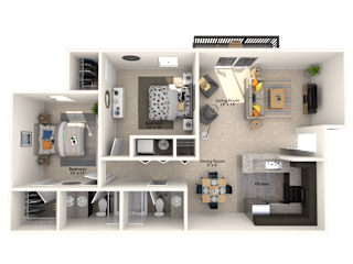 2X2 Potomac Floor Plan, 795-860 SQFT.