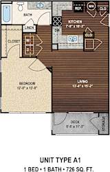 Our A1 The Lorena floor plan with one bedroom and one bath. at York Woods at Lake Murray Apartment Homes, South Carolina, 29212