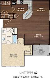 Our A2 The Savilla floor plan with one bedroom and one bath. at York Woods at Lake Murray Apartment Homes, South Carolina