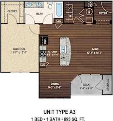 Our A3 The Murray floor plan with one bedroom and one bath. at York Woods at Lake Murray Apartment Homes, Columbia