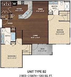 Our B2 The Doolittle floor plan with two bedrooms and two baths. York Woods at Lake Murray Apartment Homes in Columbia, SC.