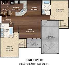 Our B3 The Spence floor plan with two bedrooms and two baths. at York Woods at Lake Murray Apartment Homes, Columbia, South Carolina