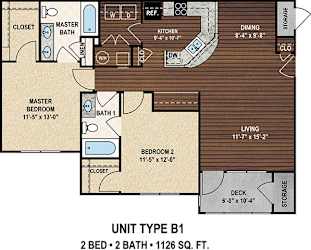 Our B1 The Holly Key floor plan with two bedrooms and two baths. at York Woods at Lake Murray Apartment Homes, Columbia, South Carolina
