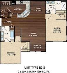 Our B2-S The Wessinger floor plan with two bedrooms and two baths. at York Woods at Lake Murray Apartment Homes, South Carolina, 29212