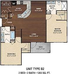 Our B2 The Doolittle floor plan with two bedrooms and two baths. at York Woods at Lake Murray Apartment Homes, South Carolina