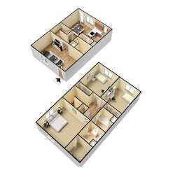 3D Floor plan, 3 bedroom, 2.5 baths