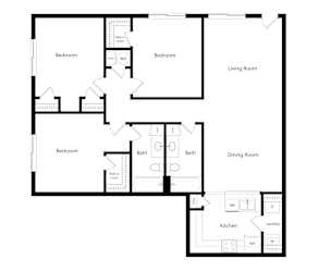 A floor plan of a house with labeled rooms such as Bedroom, Living Room, Dining Room, Kitchen, and Bath.