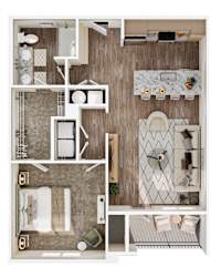 A top-down view of a small apartment with a kitchen, living room, and bathroom.
