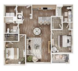 A top-down view of a small apartment layout with a kitchen, living room, and bathroom.