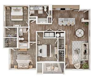 A top-down view of a small apartment layout with a kitchen, living room, and bathroom.