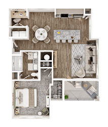A top-down view of a house layout with a central living area, bedrooms, and bathrooms.