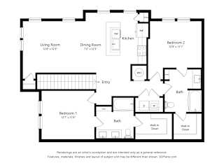 a floor plan of a bedroom floor plan with bedrooms and baths and a living room
