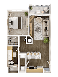 A top-down view of a small apartment with a kitchen, living room, and bathroom.