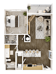 A top-down view of a small apartment with a kitchen, living room, and bathroom.