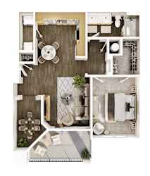A top-down view of a house layout with a kitchen, living room, dining area, and bathroom.