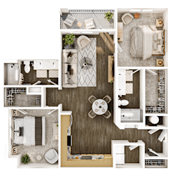 A top-down view of a modern, minimalist apartment layout.
