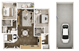 A top down view of a house interior and a car.