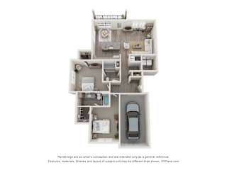 a stylized floor plan of a 3 bedroom apartment