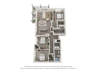 a stylized floor plan of a 3 bedroom apartment