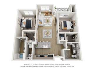 A 3D floor plan of a house with a kitchen, living room, and two bedrooms.