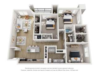 A 3D floor plan of a house with multiple rooms and furniture.