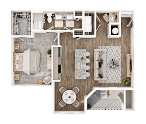 A top-down view of a well-organized apartment with a kitchen, living room, and bathroom.