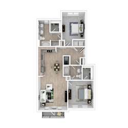 2 bedroom 2 bathroom 3D floor plan with furnishings