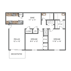 Floor Plan 2 Bed 2 Bath - Renovated