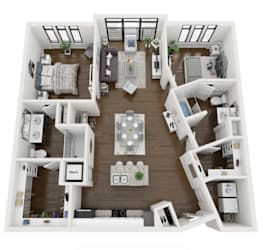 this is a 3d floor plan of a 550 square foot 1 bedroom apartment at the b