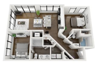 this is a 3d floor plan of a 824 square foot 1 bedroom apartment at the