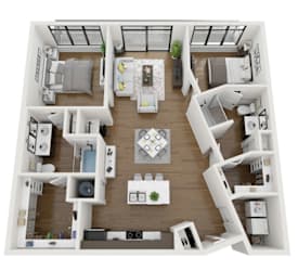 A top-down view of a modern apartment layout with a kitchen, living room, and bedrooms.