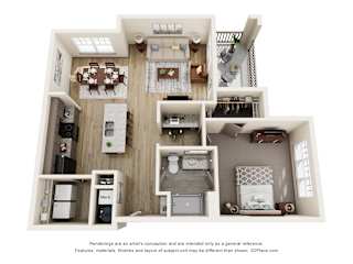 a 3d floor plan of a house with a bedroom and a living room