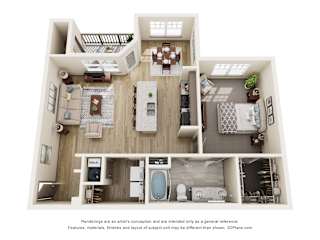 a 3d floor plan of a home with a bedroom and living room
