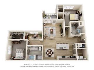 a stylized floor plan of a 1 bedroom apartment
