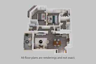 A 3D rendered image of a house with a kitchen, living room, and dining area.