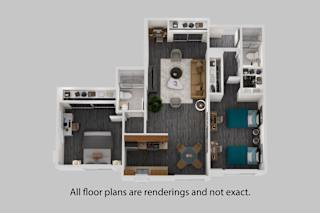 A 3D rendering of a floor plan for a house with a kitchen, living room, and bedrooms.
