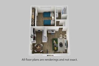 A top down view of a room with a kitchen area and a living room.