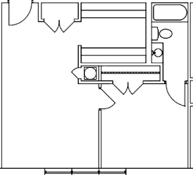 A line drawing of a room with a bed, a desk, and a chair.