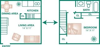 A floor plan of a small apartment with a living area, kitchen, dining area, bedroom, and bathroom.