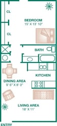 A floor plan of a small apartment with a bedroom, living area, kitchen, and dining area.