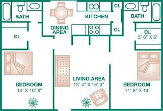 A diagram shows the layout of a living area, two bedrooms, a kitchen, and a dining area.