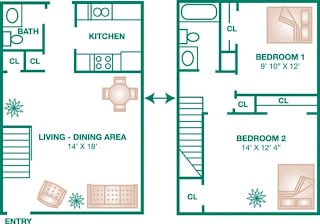 A floor plan of a small apartment with two bedrooms and a living dining area.