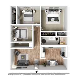 a 3d drawing of a bedroom with a wood floor