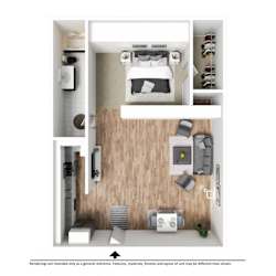 a 1 bedroom floor plan with a bedroom and a bathroom