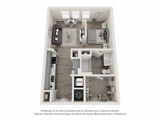 A 3D floor plan of a small apartment with a kitchen, living room, and bedroom.