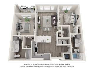 A 3D floor plan of a small apartment with a kitchen, living room, and bathroom.