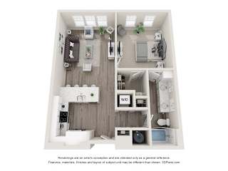 A 3D floor plan of a house with a kitchen, living room, and bathrooms.