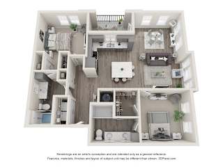 A 3D floor plan of a house with a kitchen, living room, and bathroom.
