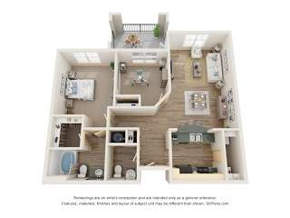 A 3D floor plan of a house with a kitchen, living room, and bathrooms.