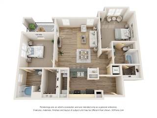 A 3D floor plan of a house with a kitchen, living room, and bedrooms.